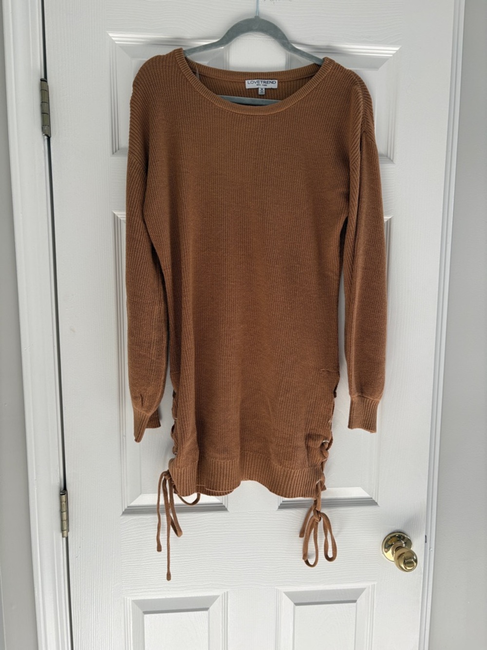 Love Tree Lace-Up Tunic Sweater in Camel Brown